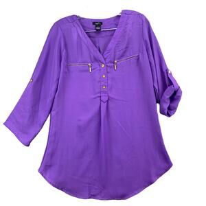 Rue21 Womens Long Sleeve Blouse Medium Purple Henley V-Neck Zipper Roll Tab